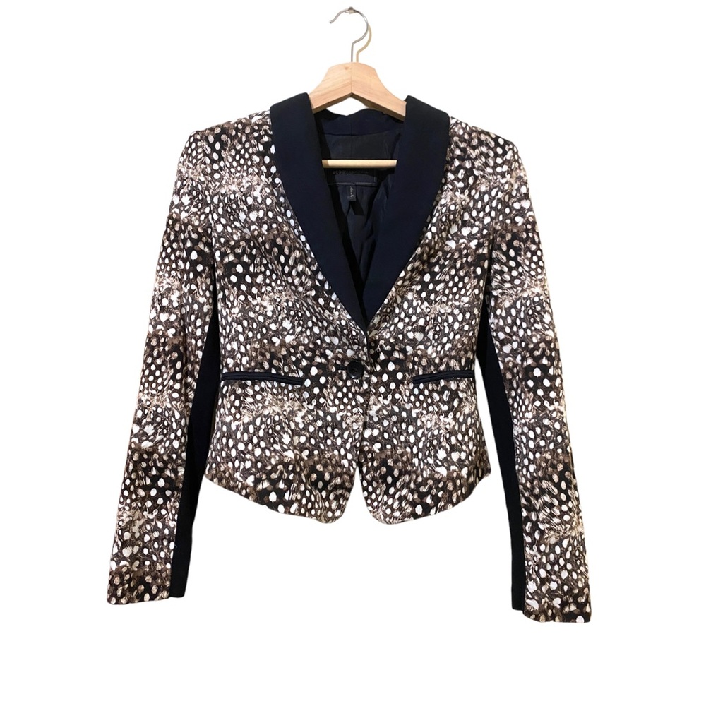 BCBGMAXAZRIA Shawl collar cropped brown cheetah/ feather print blazer